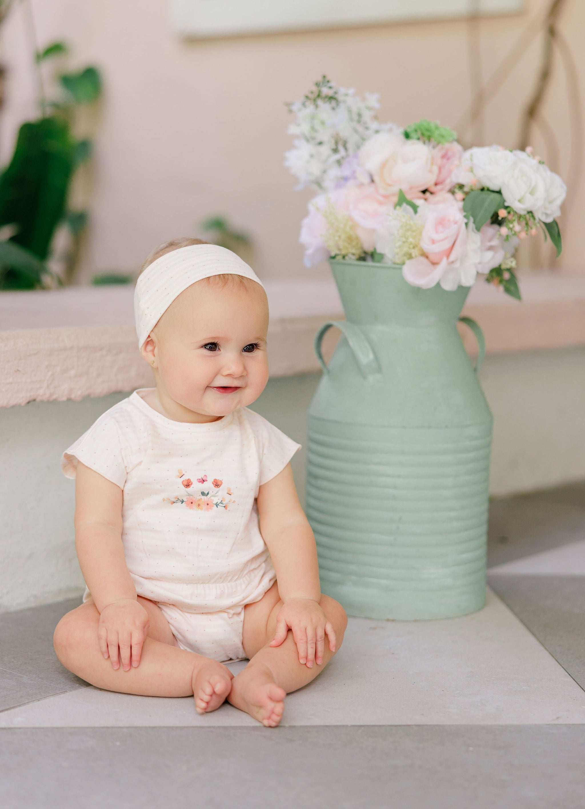 Girls Tshirt and Bloomer Set - Ivory Pink - Floral Stripe