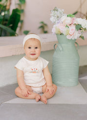 Girls Romper - Ivory Pink - Floral Stripe