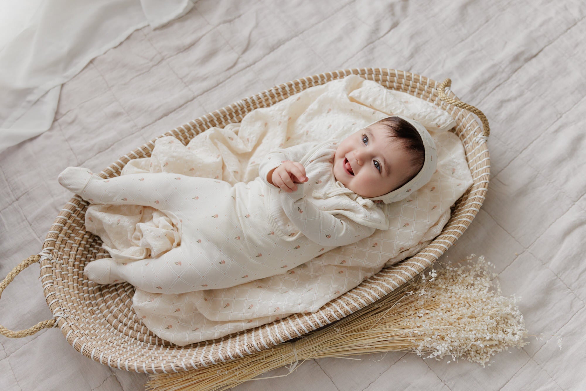 Jersey Cotton Floral Grid Collection - Footie + Bonnet