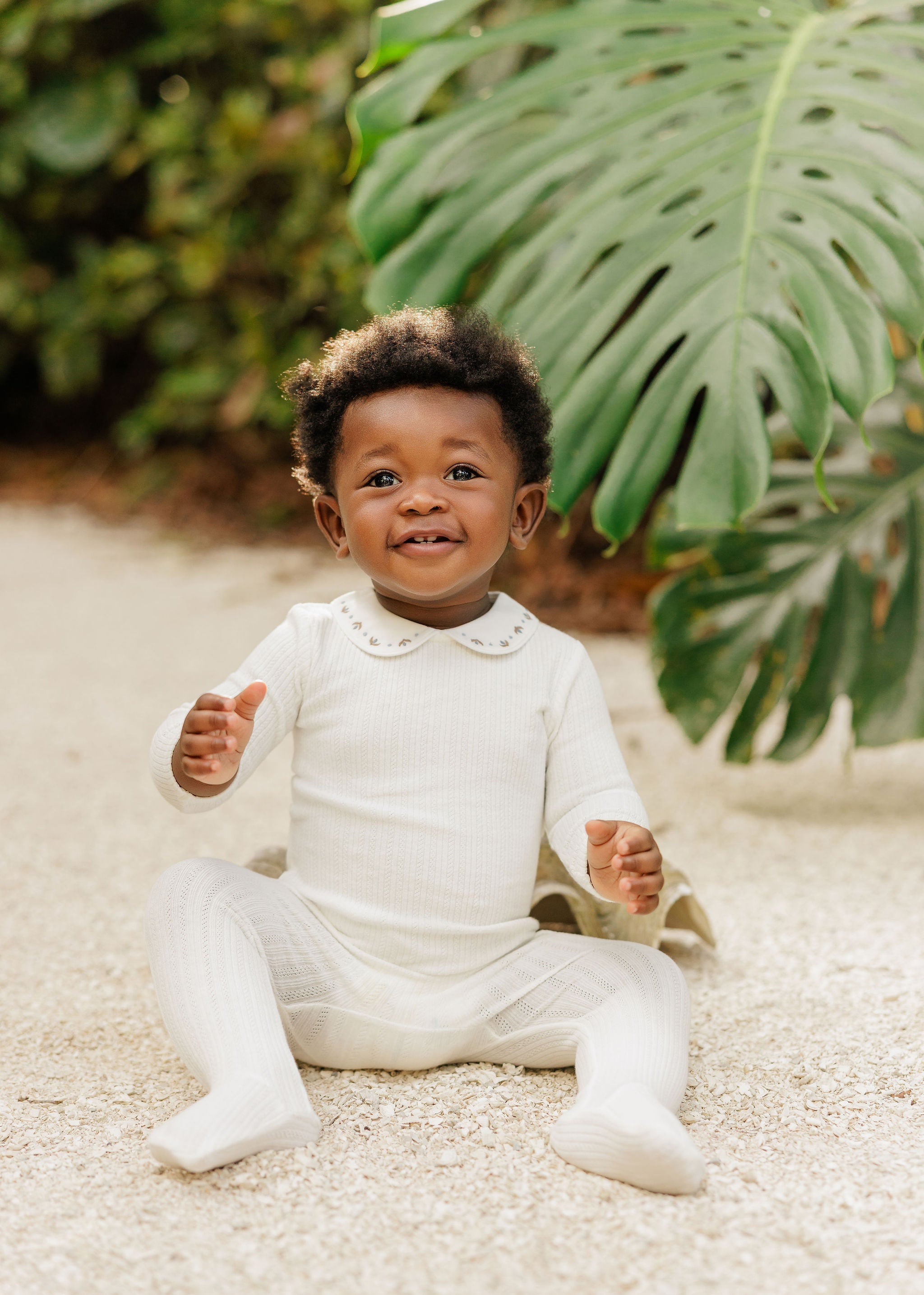 Baby Boy Footie and Bonnet – Ivory/Blue – Keepsake Collection