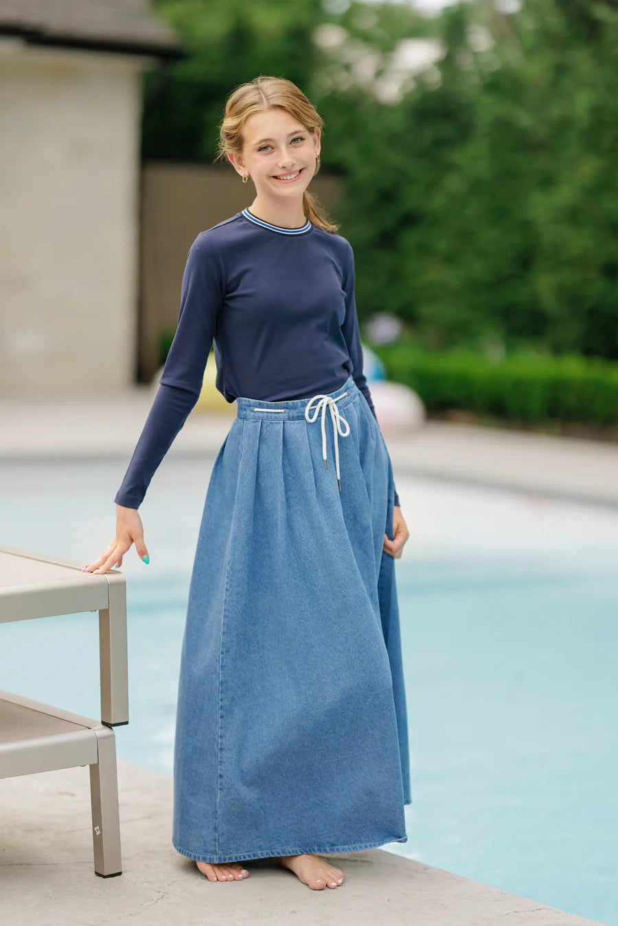 DENIM DRAWSTRING MAXI SKIRT