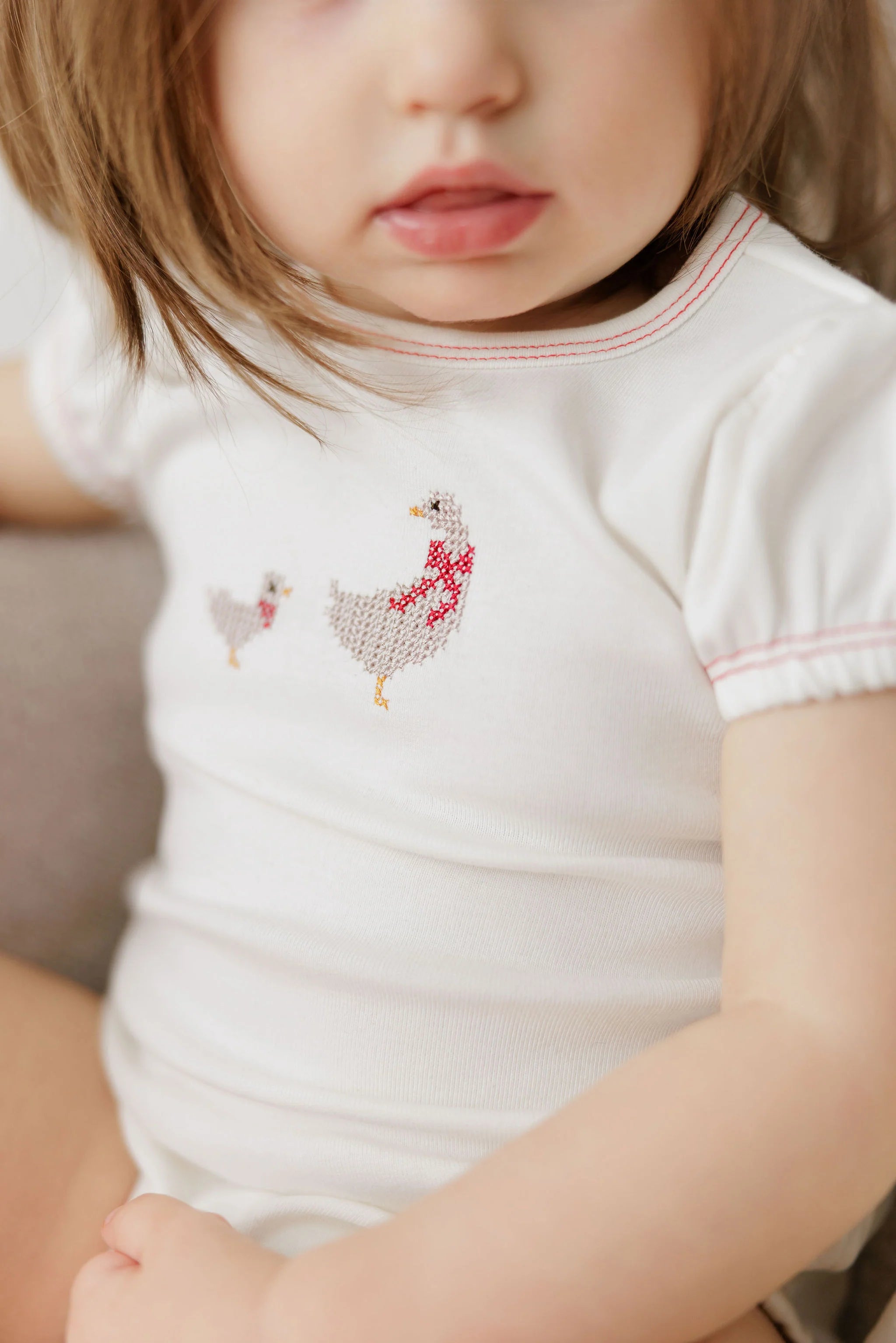 Baby Girl Footie and Bonnet – Ivory Pink – Cross Stitch Duckling