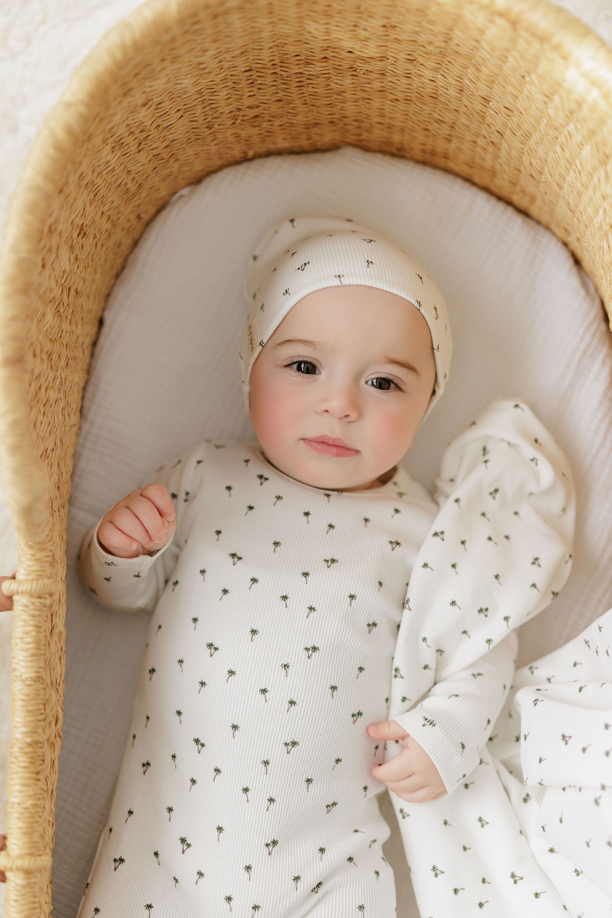 Baby Boy Footie and Beanie Set - Ivory - Printed Palm Trees