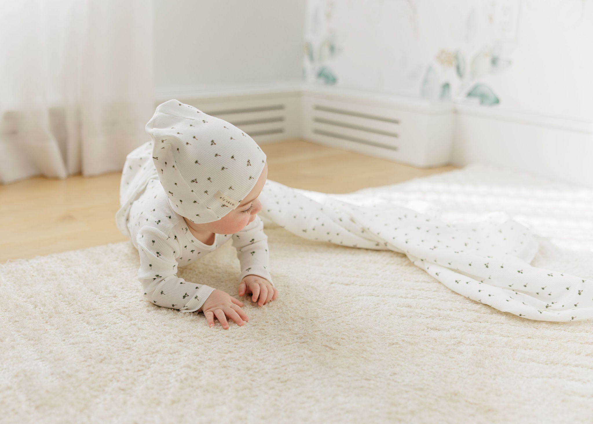 Baby Boy Footie and Beanie Set - Ivory - Printed Palm Trees