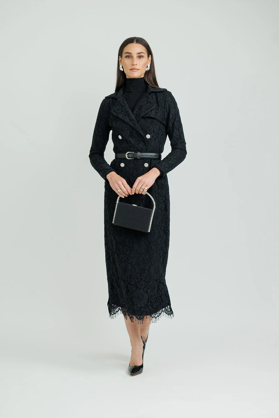 Belted Lace Blazer Dress – Black