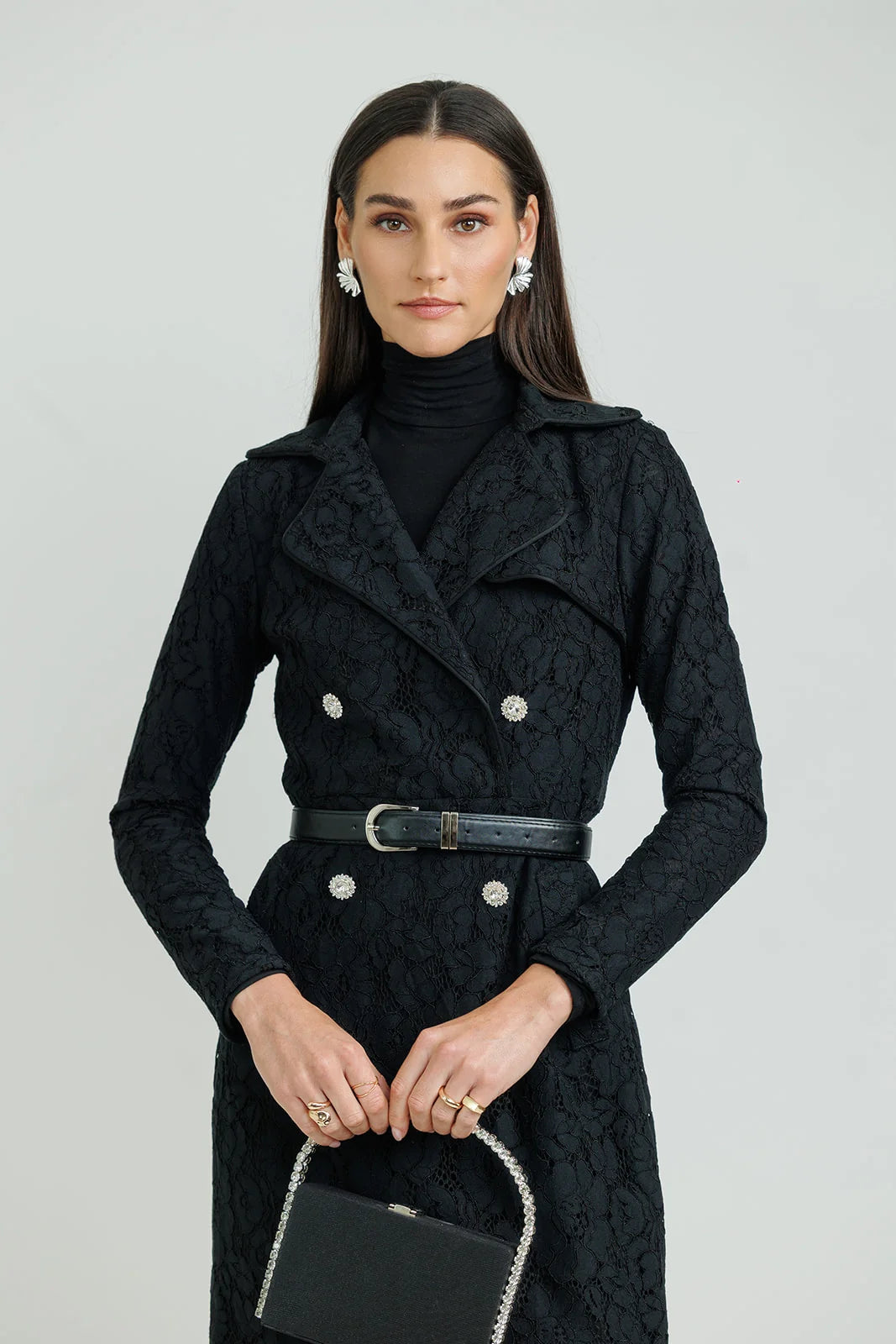 Belted Lace Blazer Dress – Black