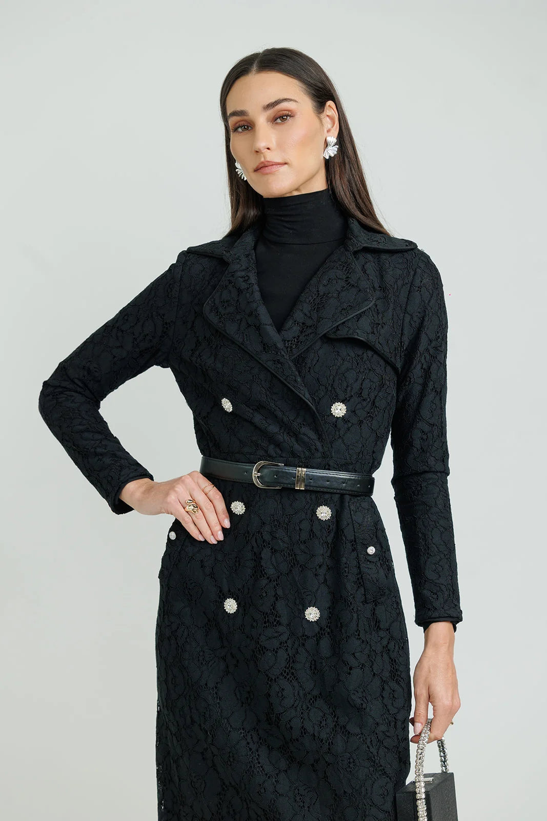 Belted Lace Blazer Dress – Black