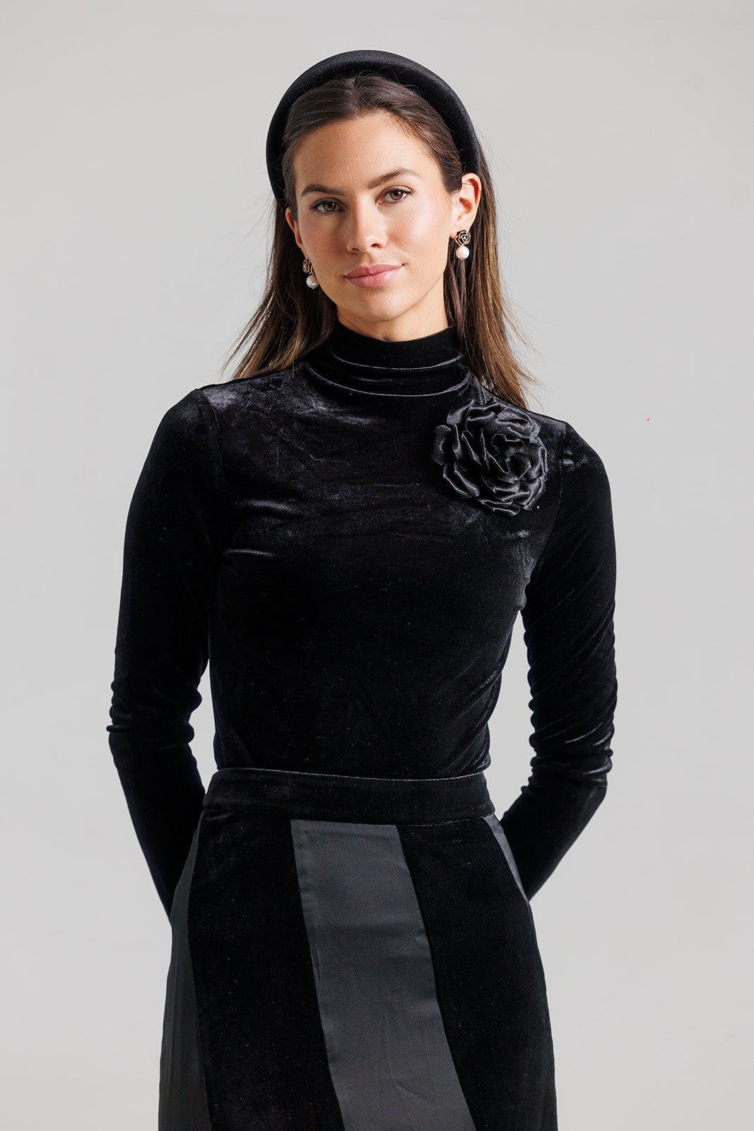 Rose Velvet Mock Neck - Black