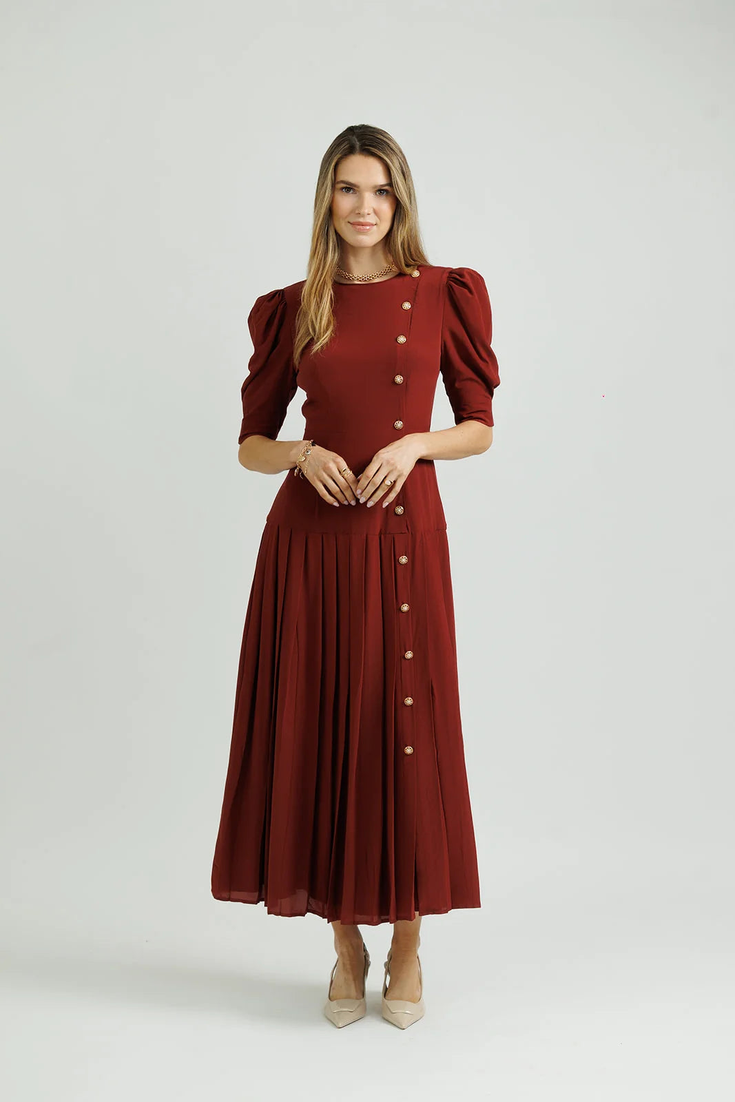 Silk A-Line Pleated Dress - Maroon