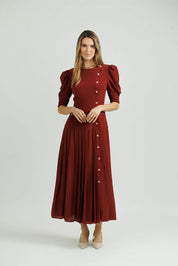 Silk A-Line Pleated Dress - Maroon