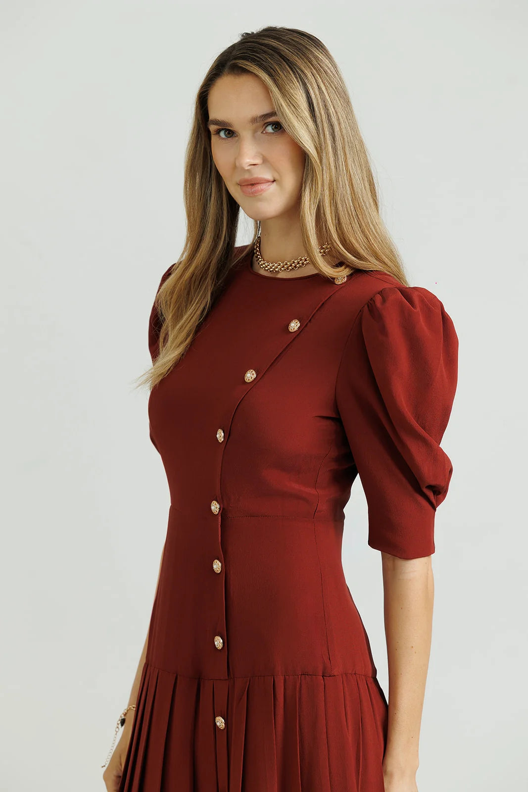 Silk A-Line Pleated Dress - Maroon