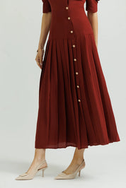 Silk A-Line Pleated Dress - Maroon