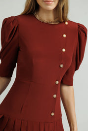 Silk A-Line Pleated Dress - Maroon