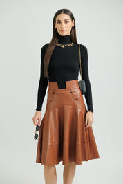 Leather Flare Skirt – Cognac