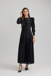 Silk A-Line Pleated Dress - Black
