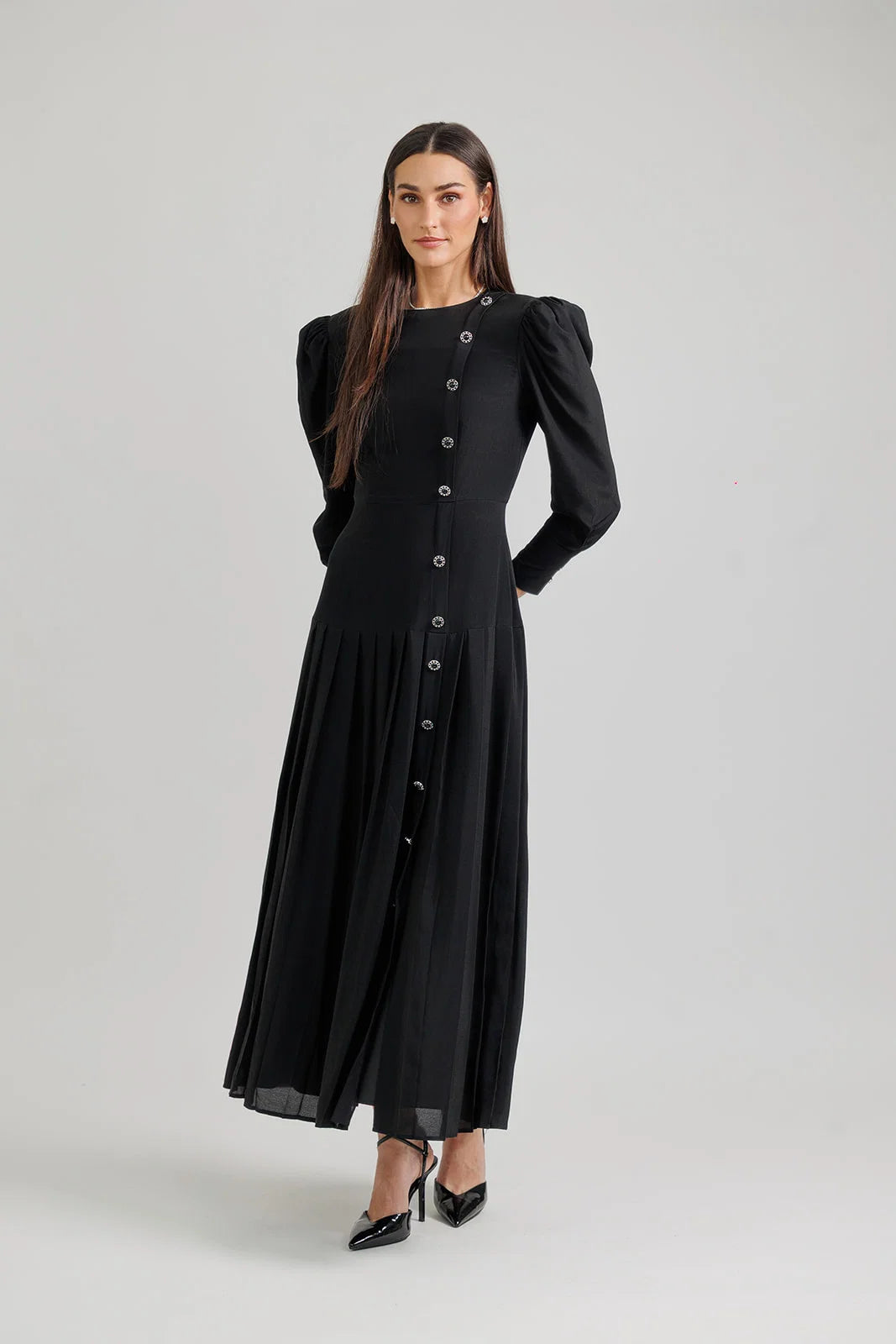 Silk A-Line Pleated Dress - Black