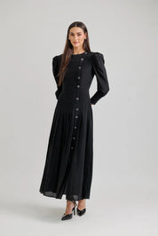 Silk A-Line Pleated Dress - Black