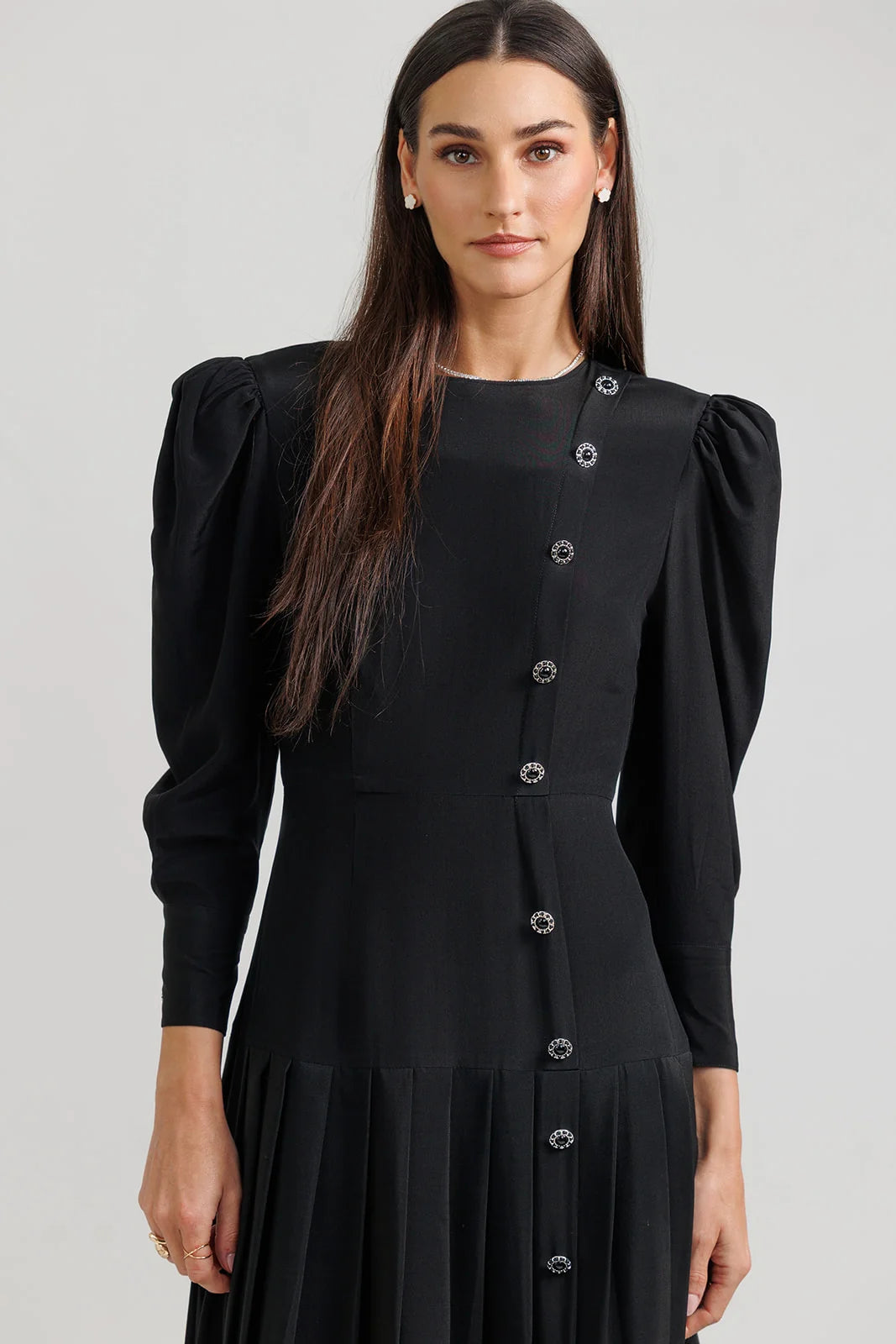 Silk A-Line Pleated Dress - Black