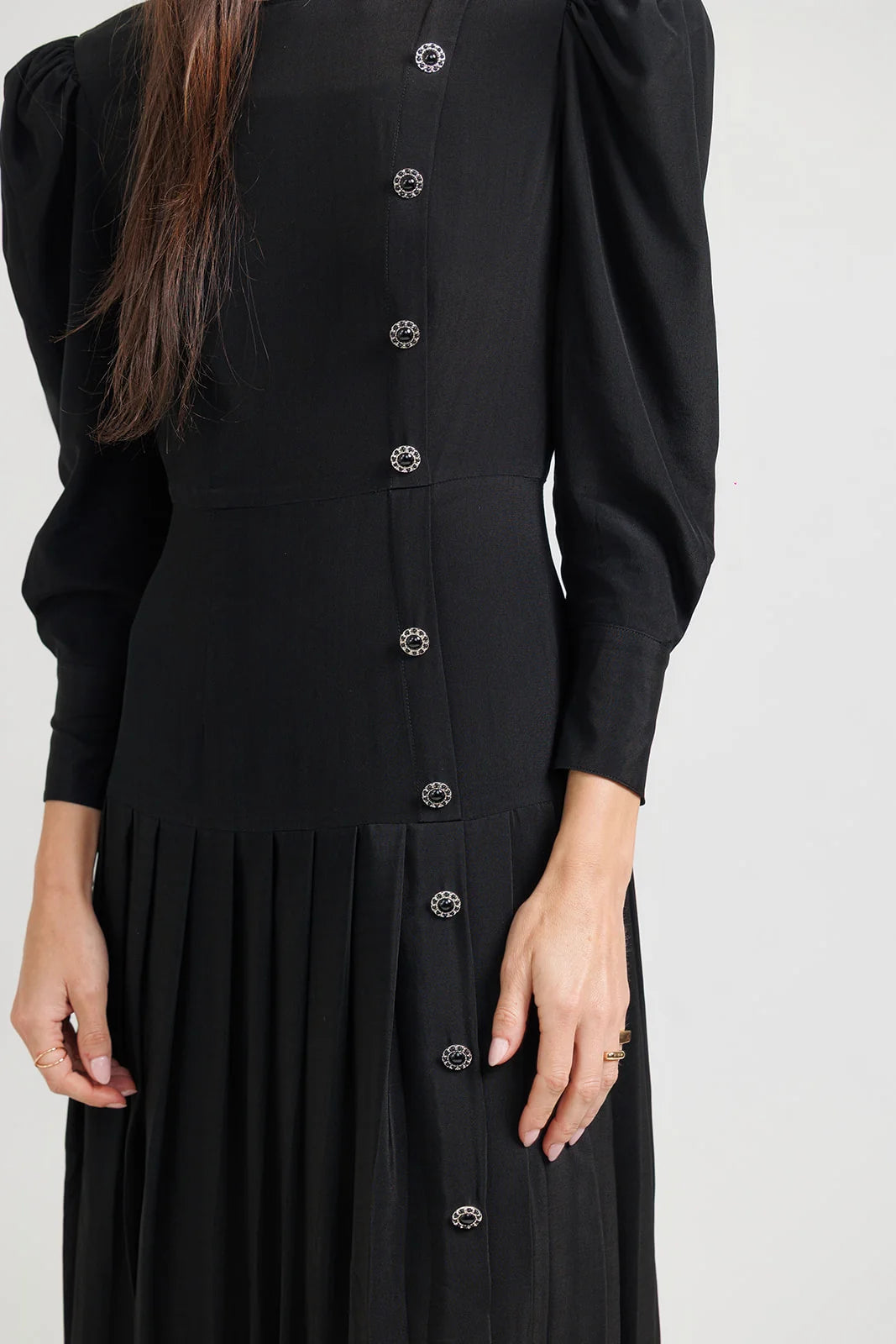 Silk A-Line Pleated Dress - Black