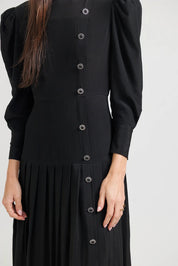 Silk A-Line Pleated Dress - Black