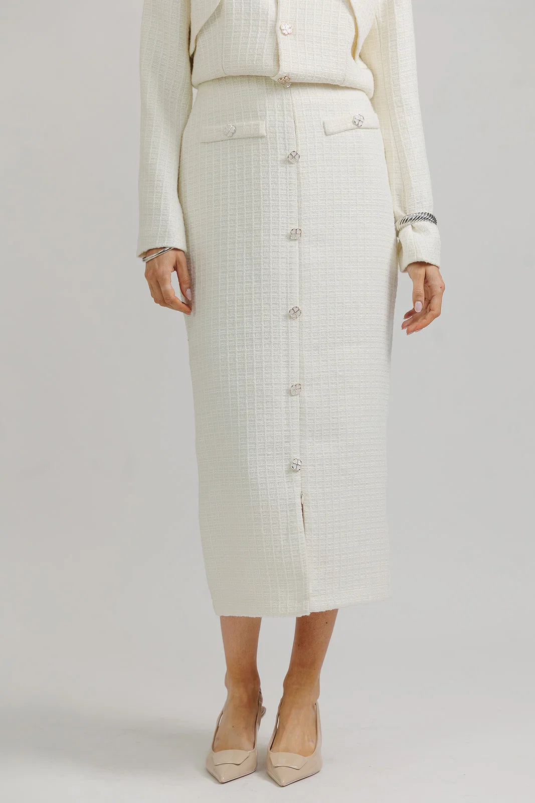 Wool Tailored Midi Skirt - Cream