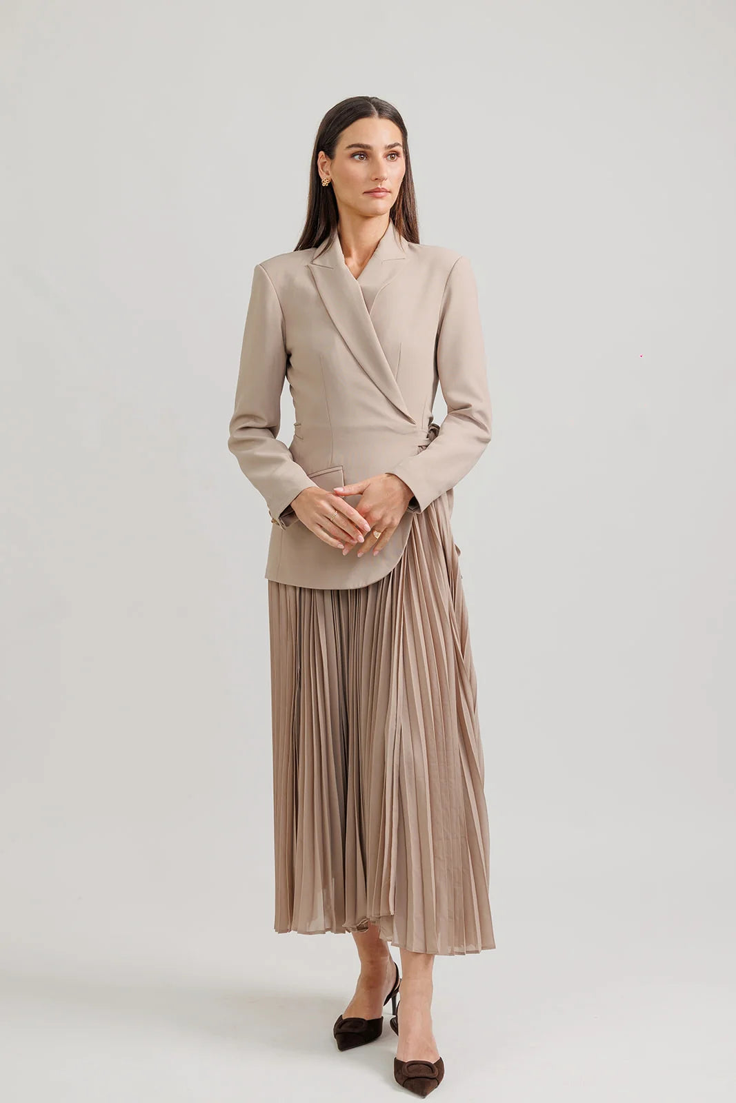 Accordian Pleat Blazer Dress - Tan