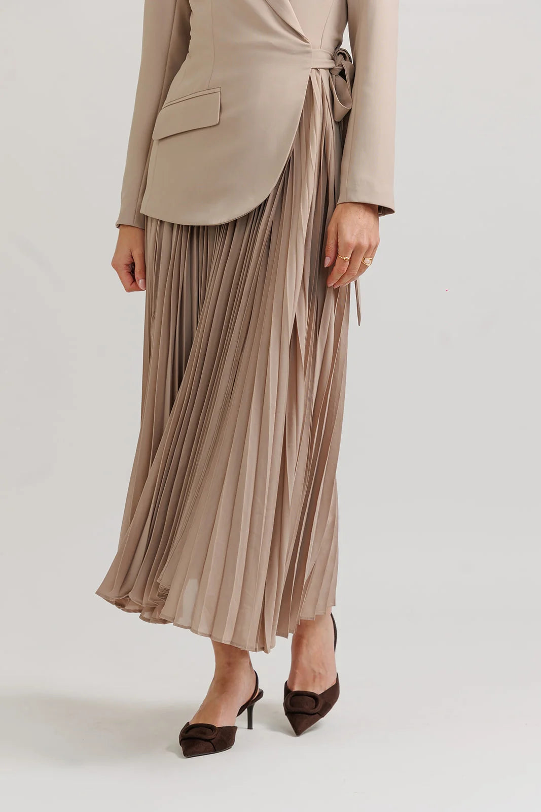 Accordian Pleat Blazer Dress - Tan