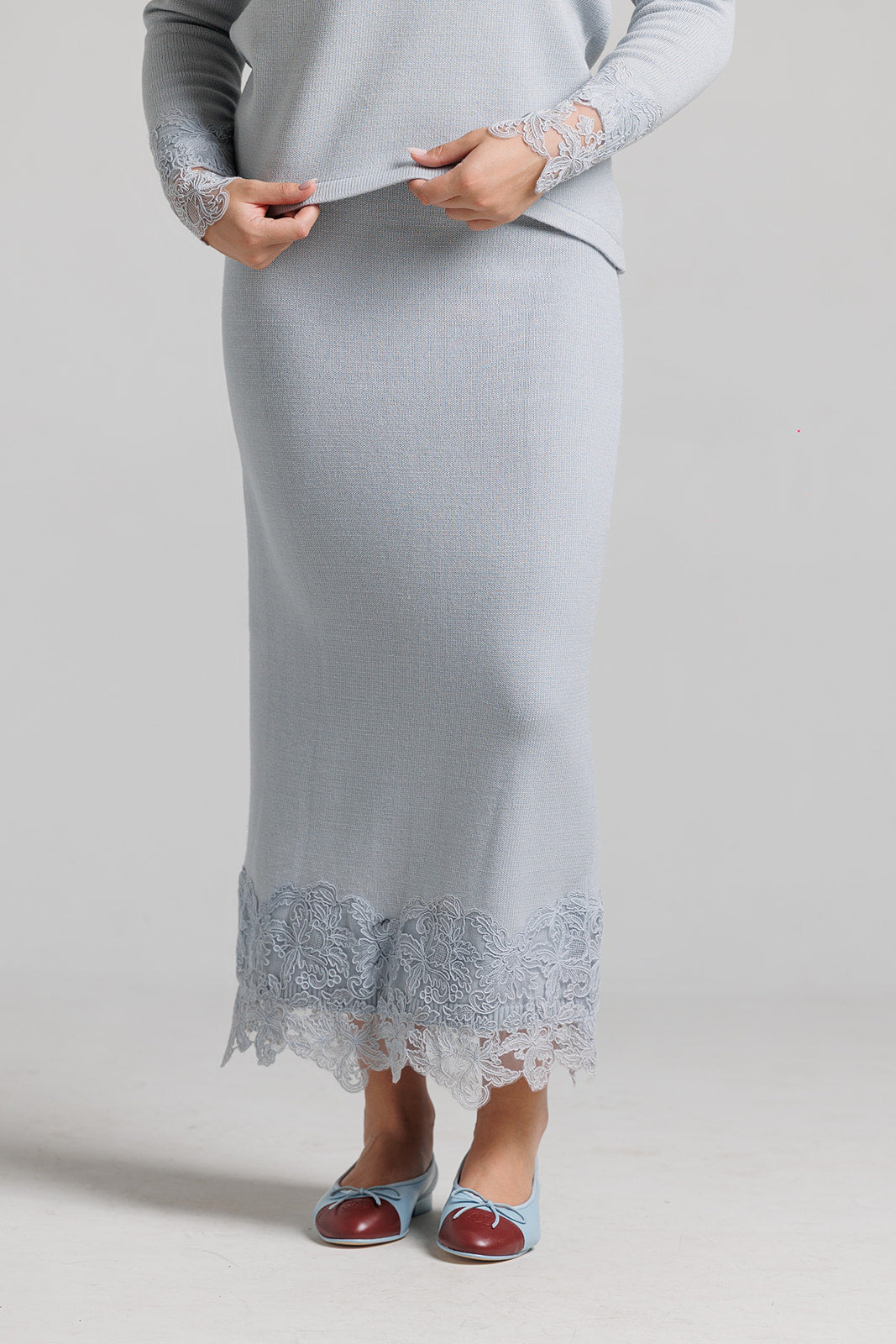 Lace Knit Skirt Set - Light Blue