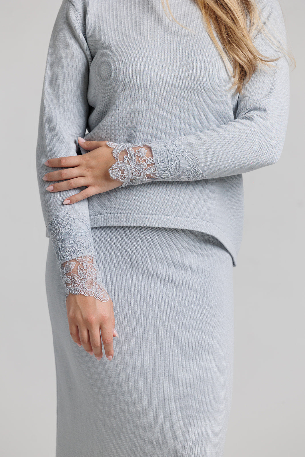 Lace Knit Sweater Set - Light Blue