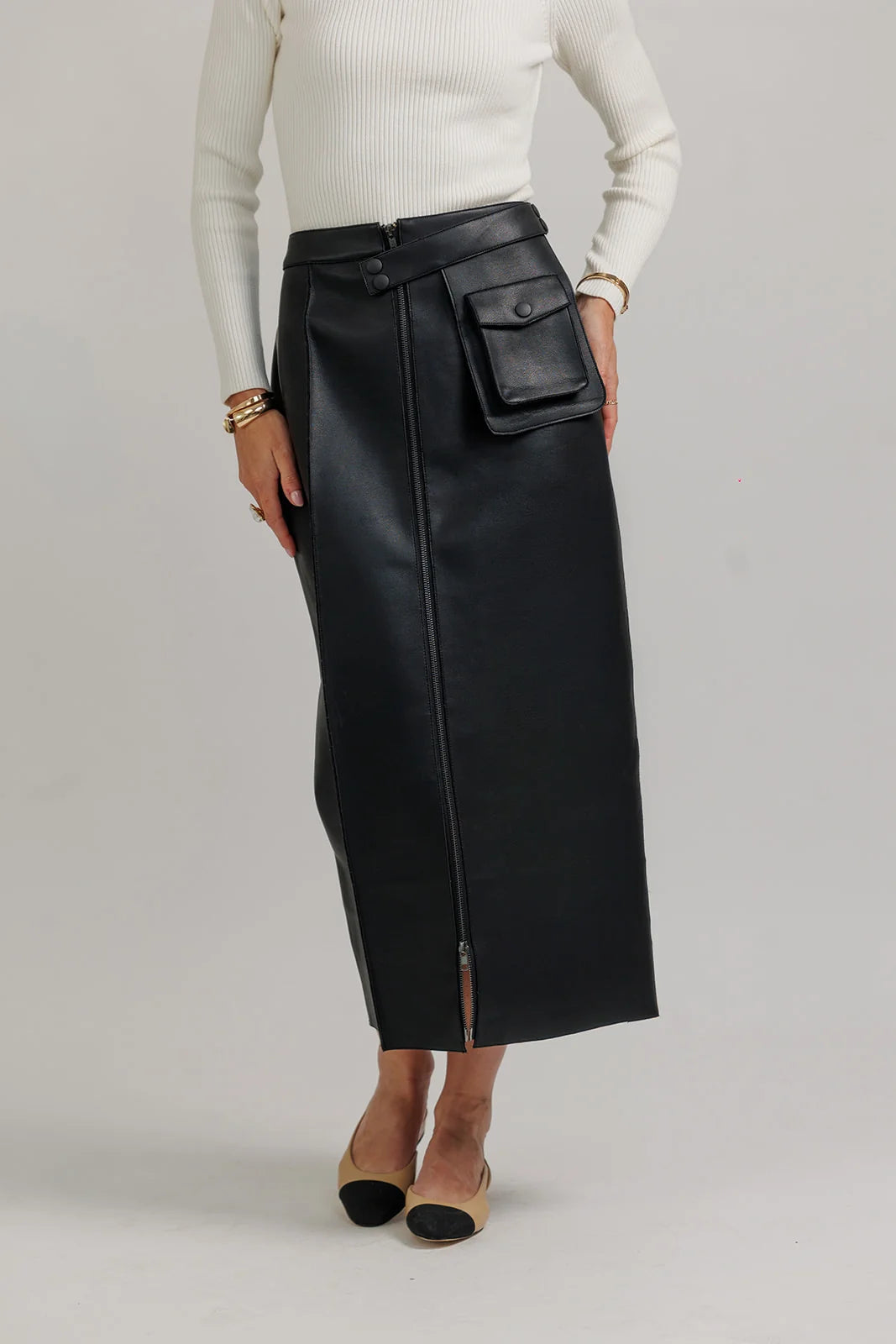 Black Structured Leather Skirt