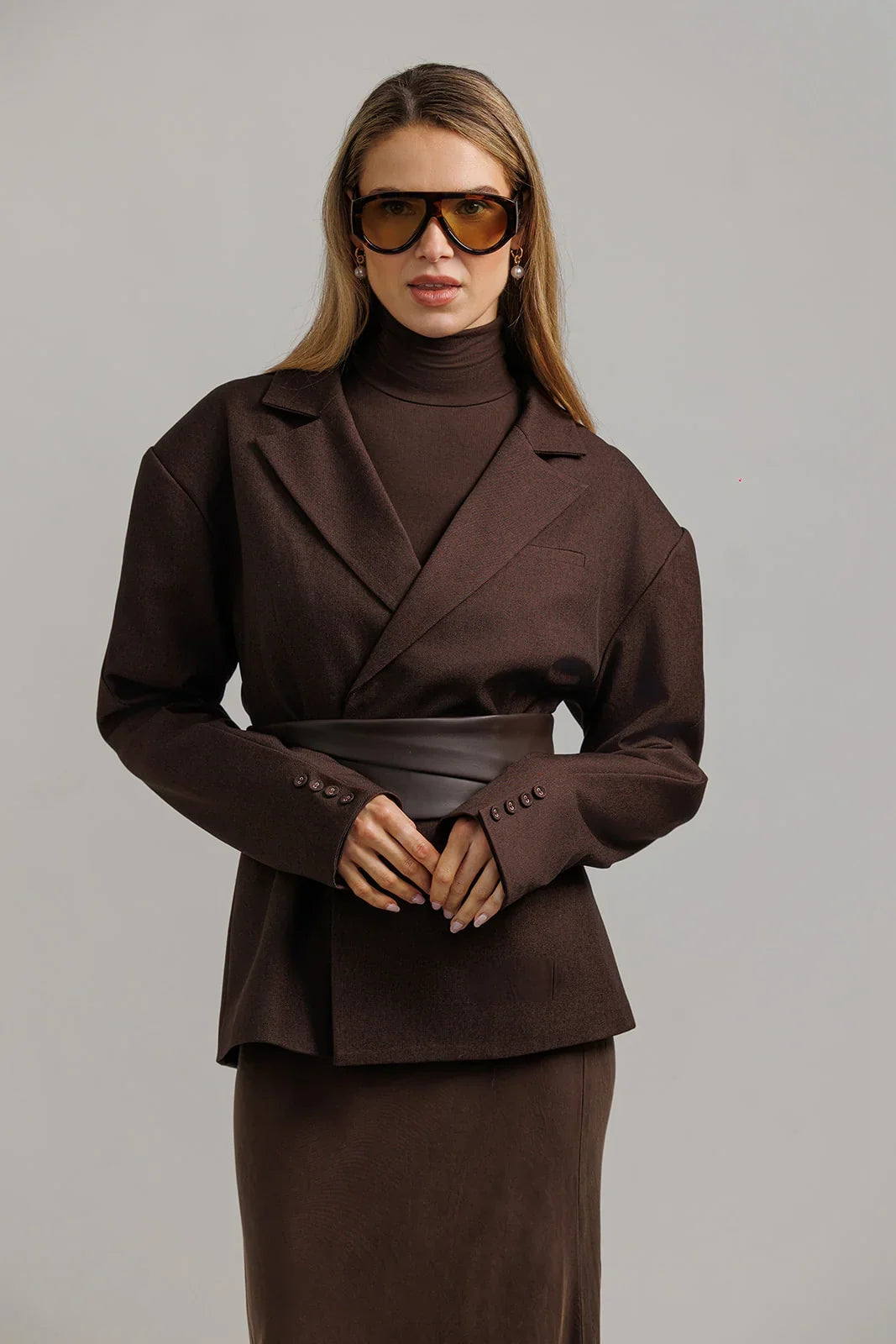 Structured Blazer with Belt – Brown