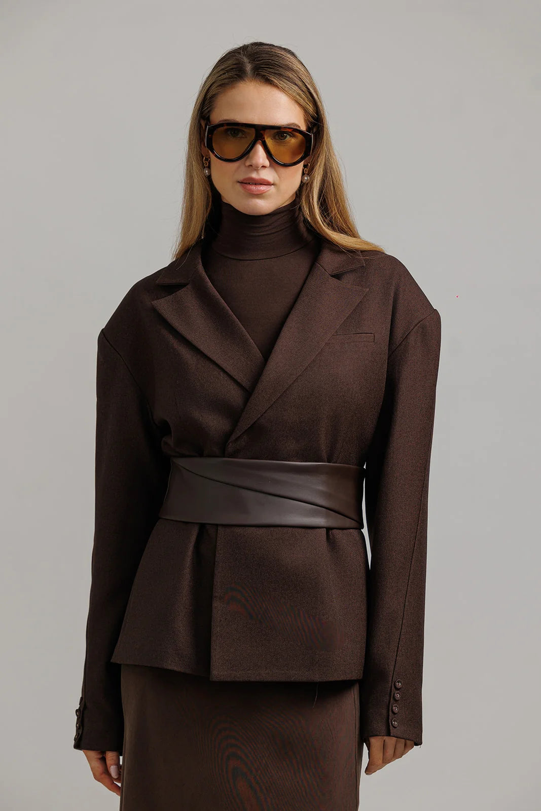 Structured Blazer with Belt – Brown