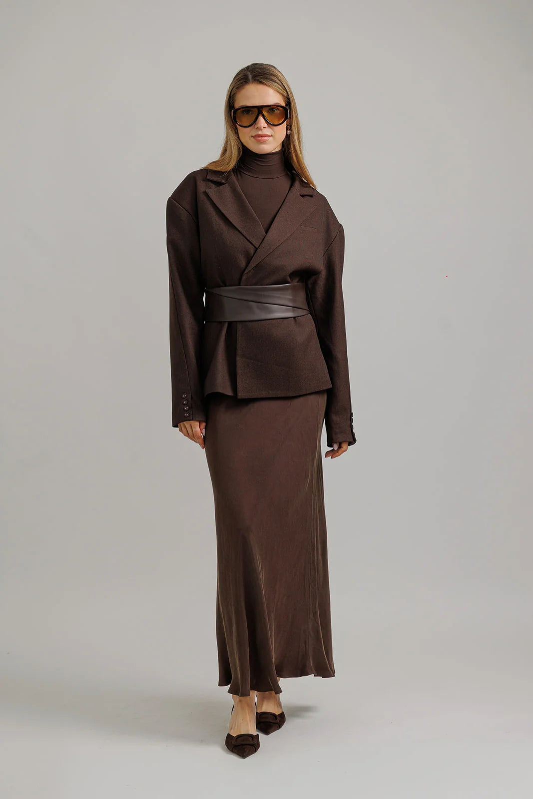 Structured Blazer with Belt – Brown