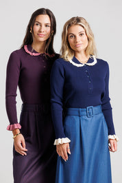 Ruffle Polo Sweater - Navy