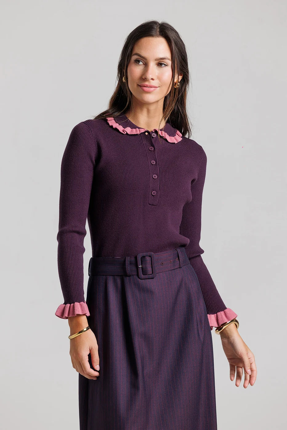 Ruffle Polo Sweater - Plum