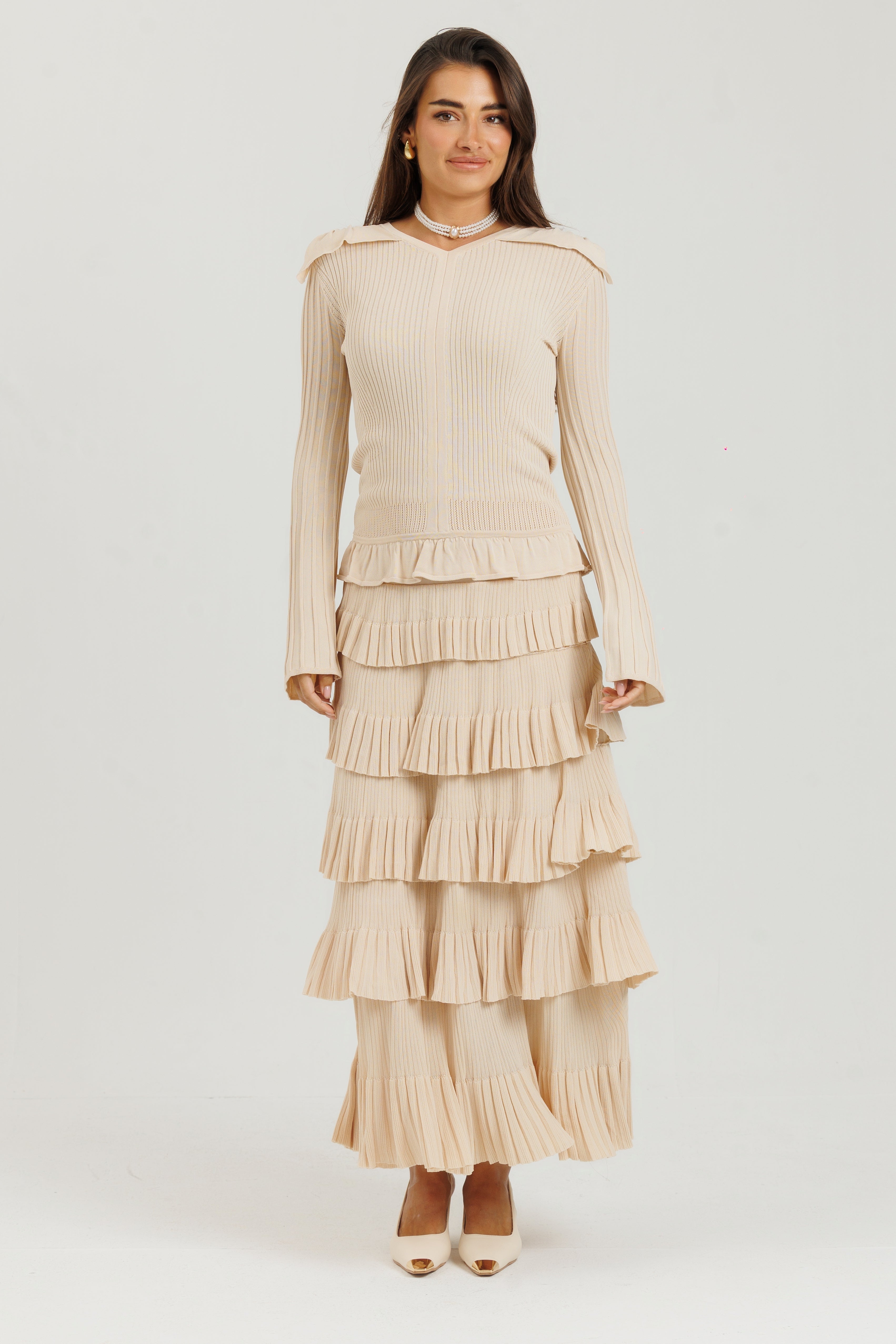 Thin Knit Ruffle Skirt Cream