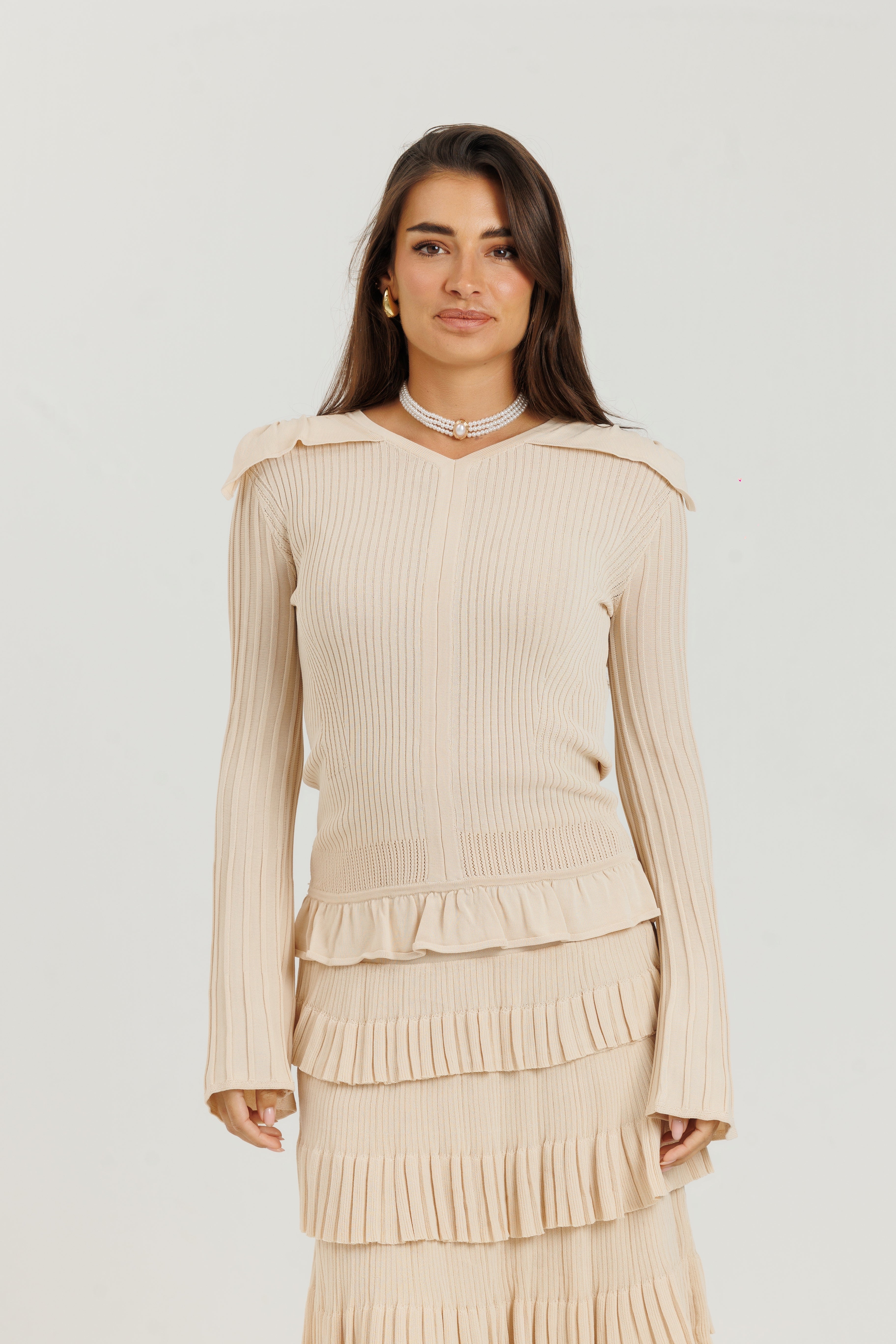 Thin Knit Ruffle Skirt Cream