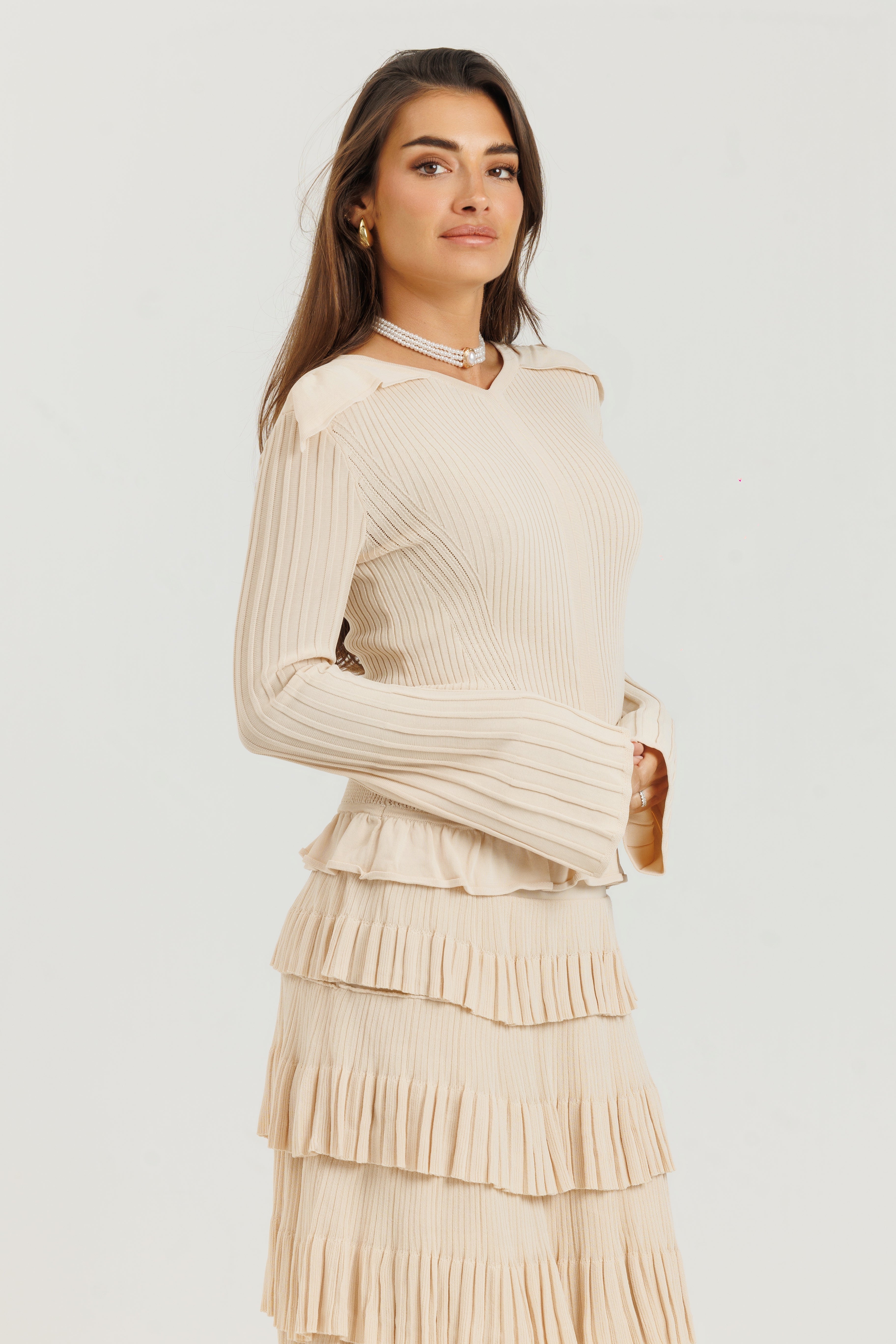 Thin Knit Ruffle Skirt Cream
