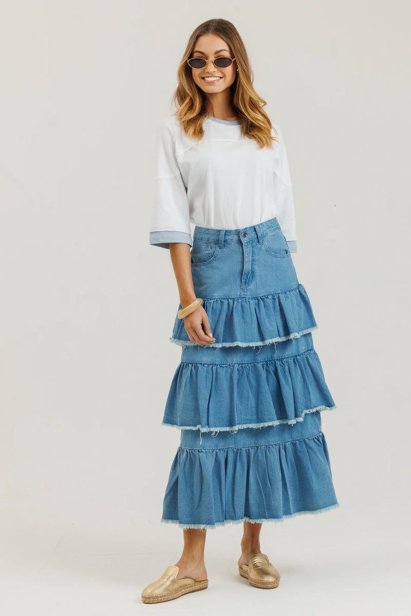 Denim Ruffle Skirt Light Denim