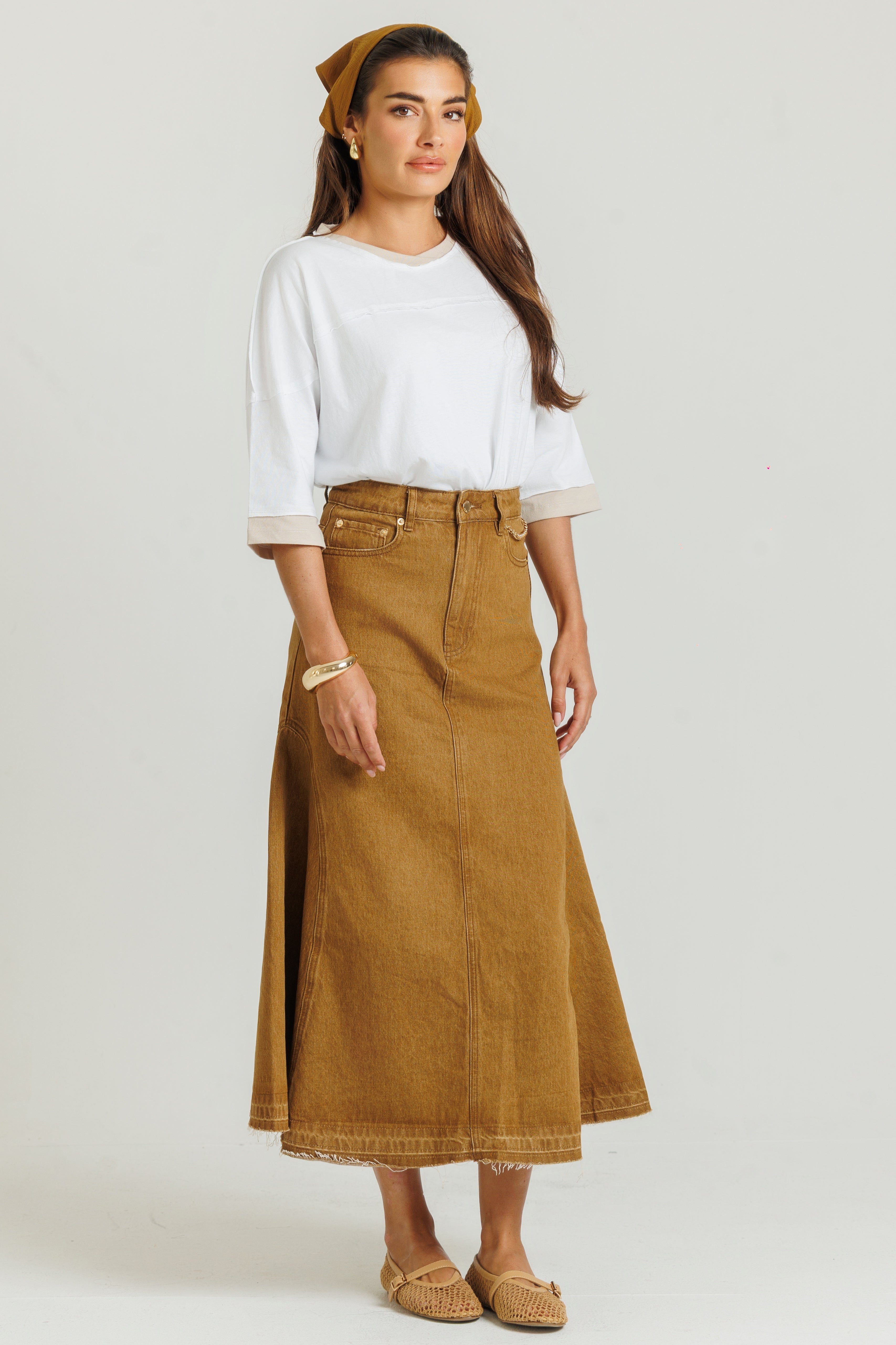 Chain Denim Skirt Brown