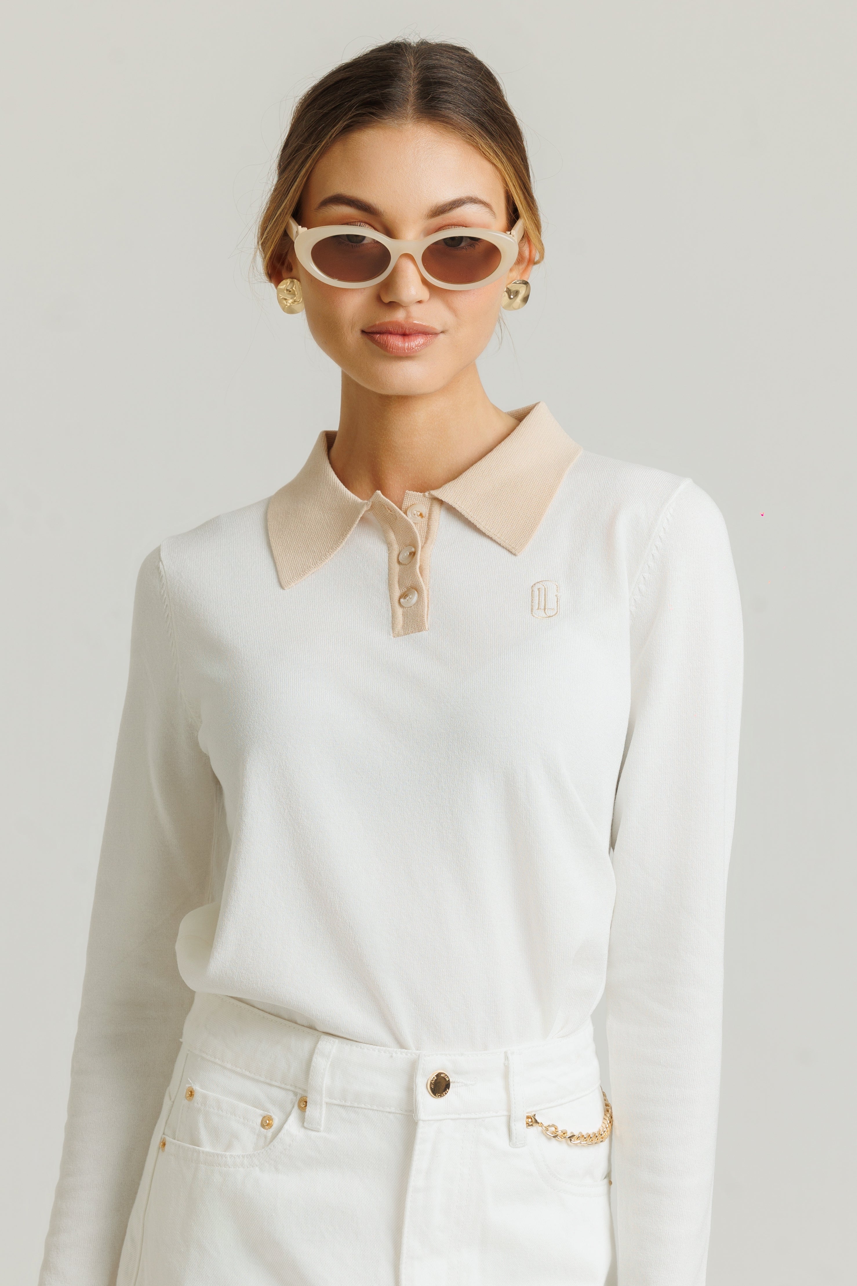 Two Tone Knit Polo Cream