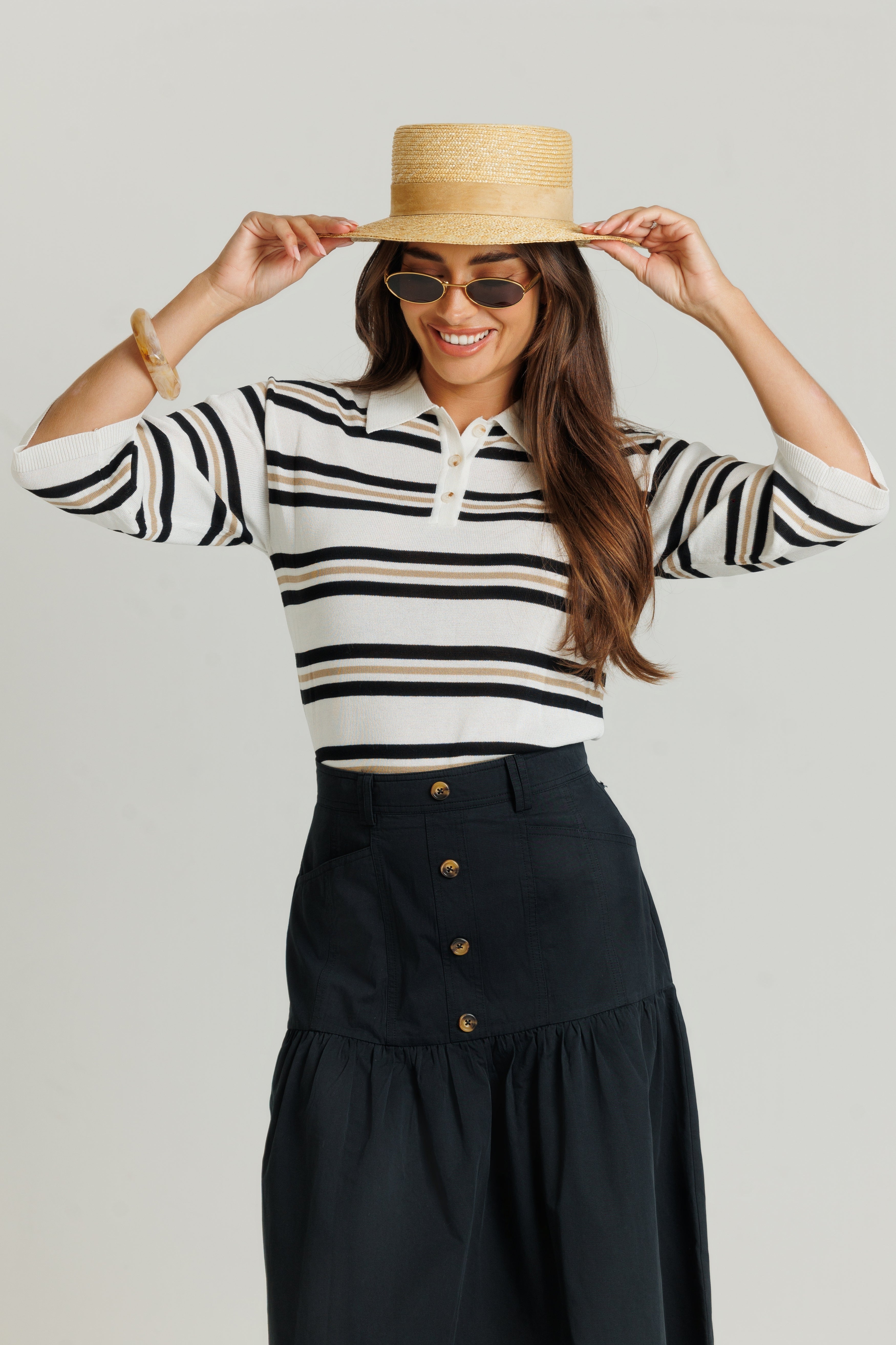 Knit Polo Box Sleeve Cream & Black