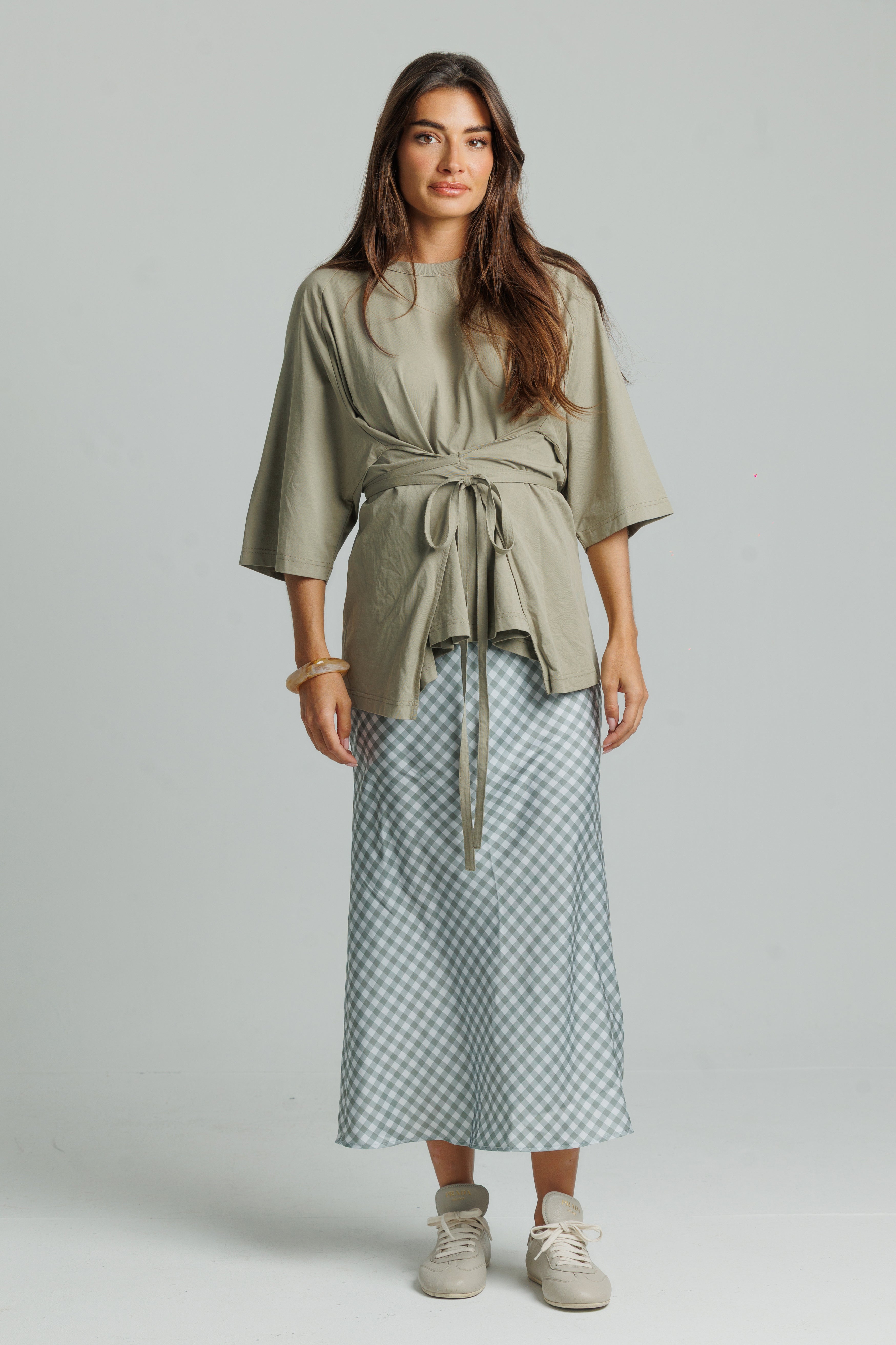 Gingham Slip Skirt Sage Green
