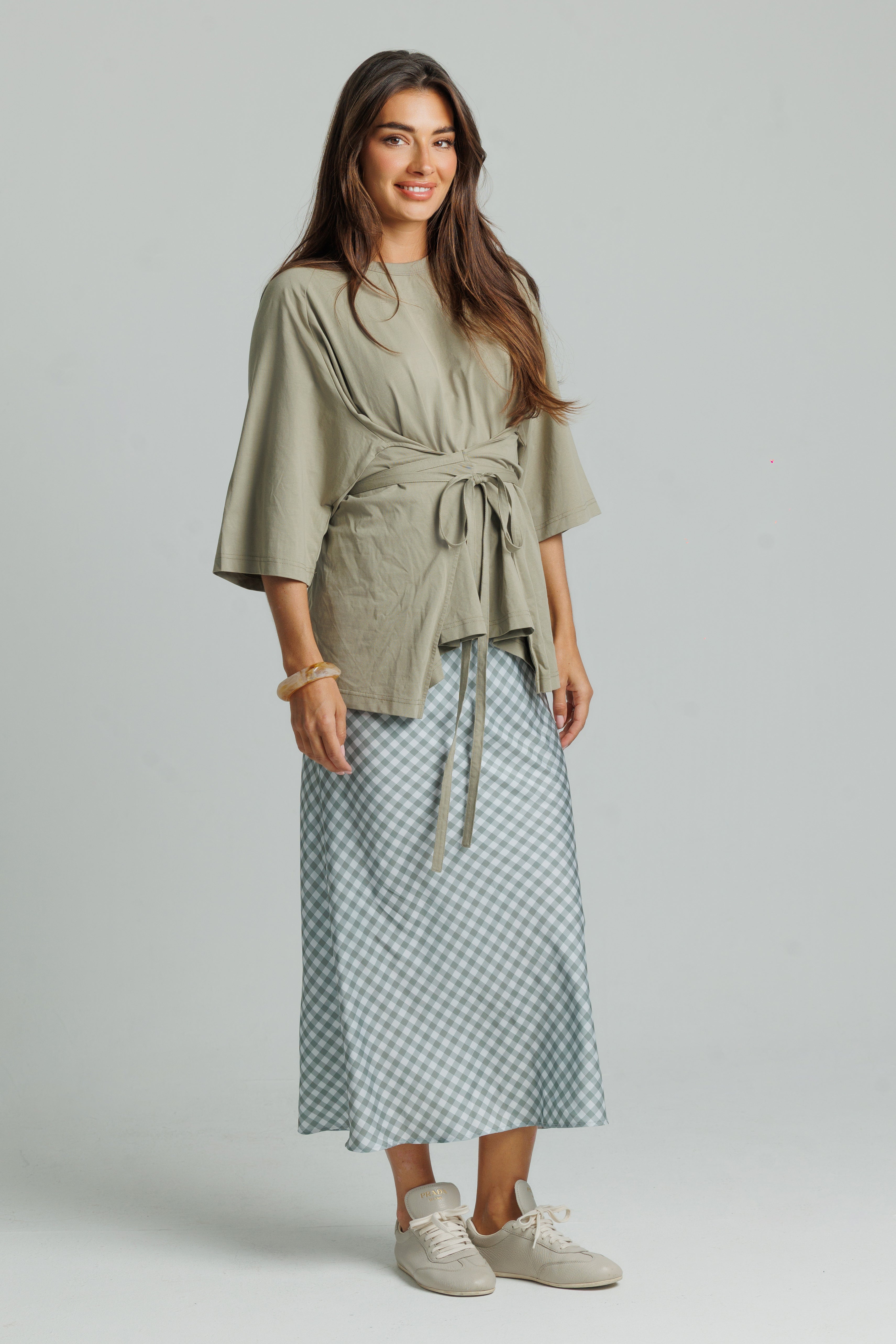 Gingham Slip Skirt Sage Green