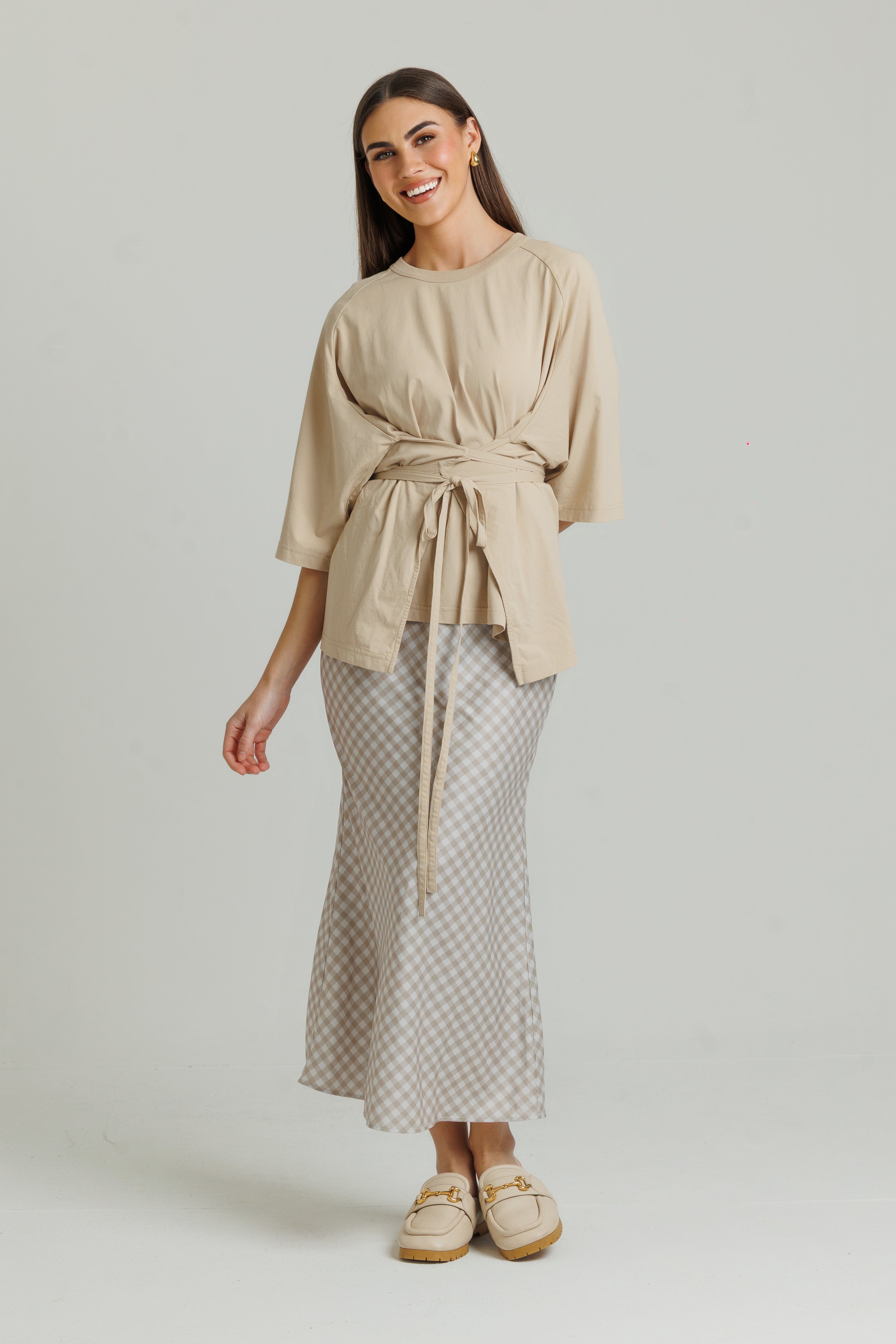 Gingham Slip Skirt Tan