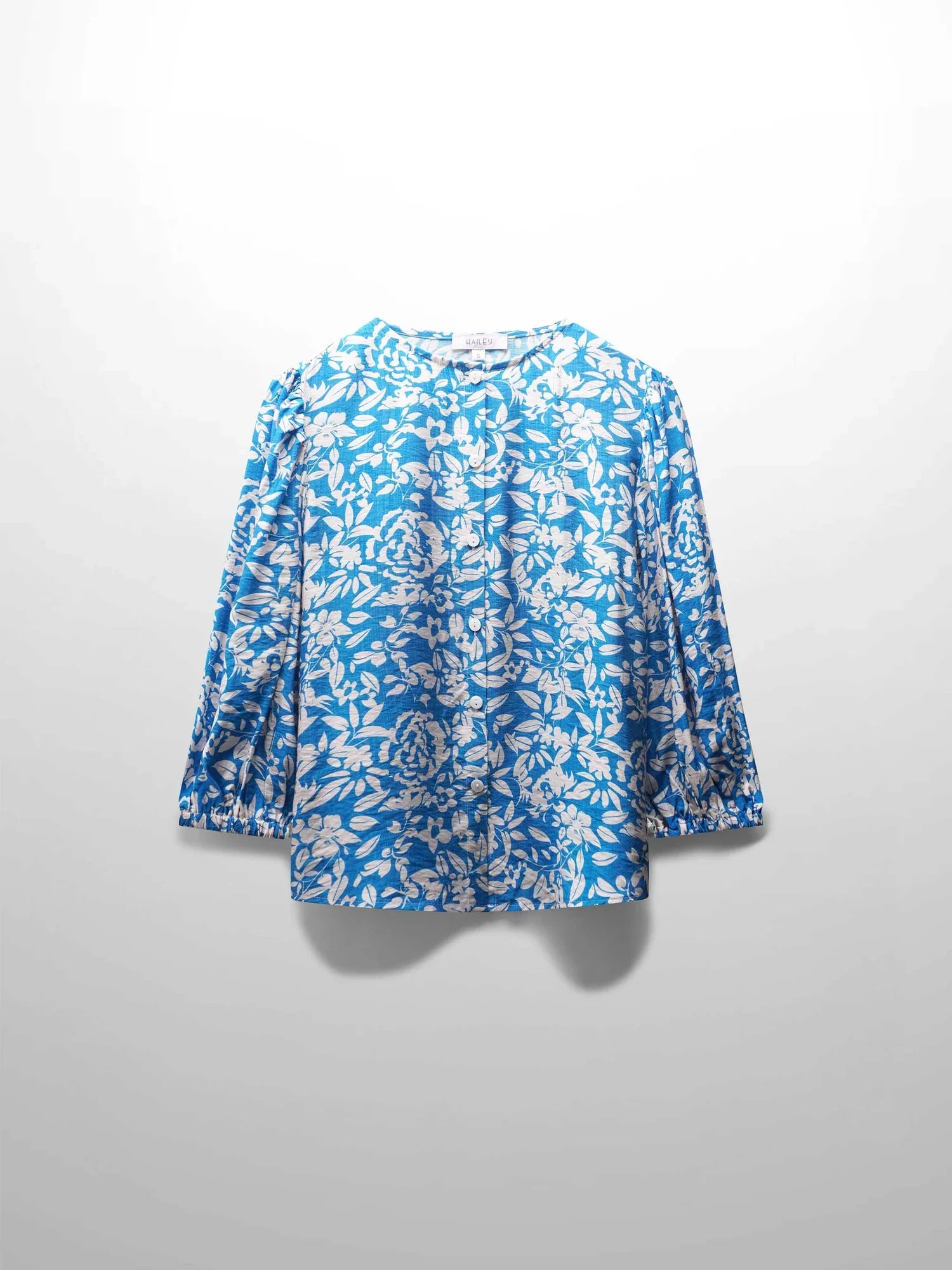 Puff Sleeve Button Down Blouse-Cobalt Blue Floral
