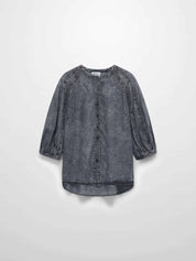 Puff Sleeve Washed Denim Blouse-Black