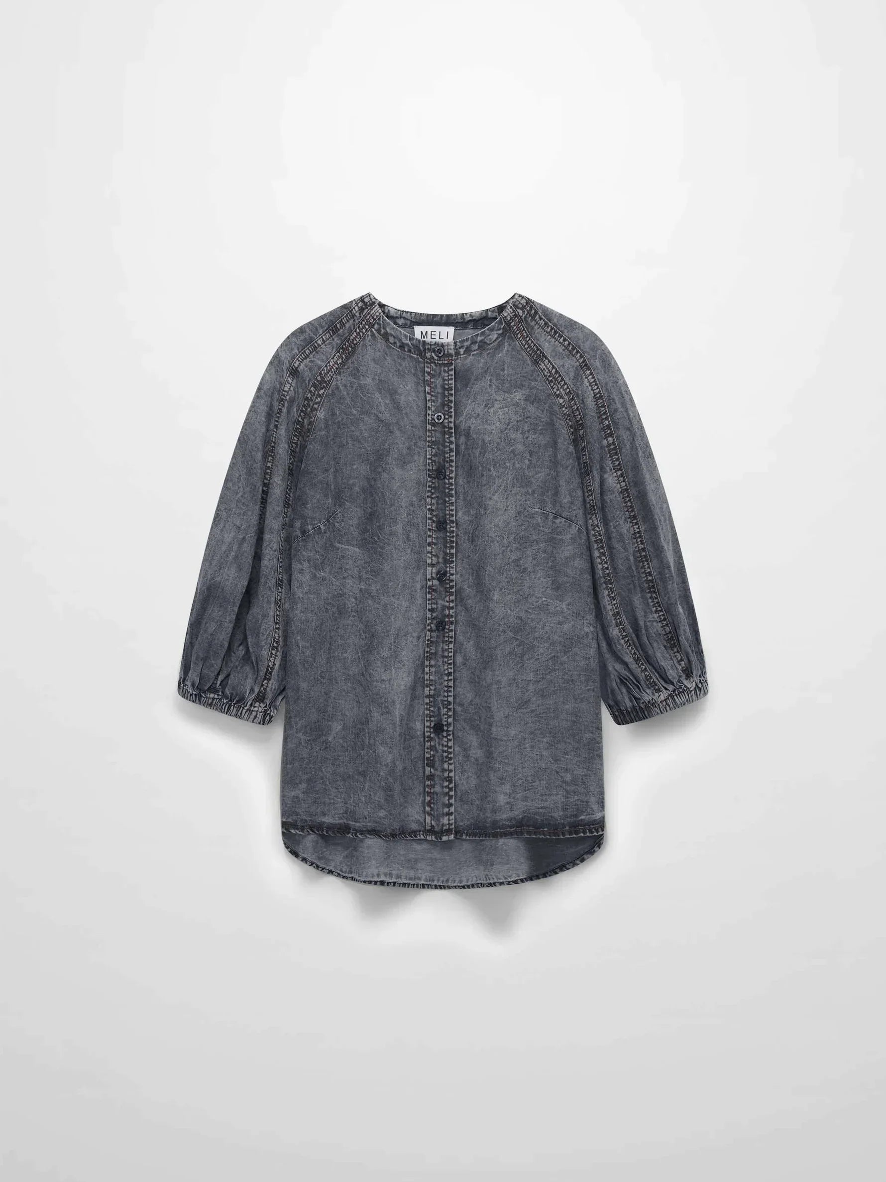 Puff Sleeve Washed Denim Blouse-Black