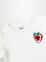 Embroidered Strawberry 3/4 Puff Sleeve T-shirt