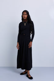 Dropped Yoke Pleated Skirt with Contrast Belt Loop Detail